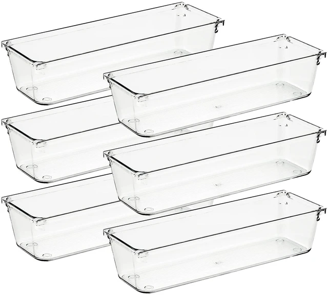 Main image of 6 Pack Drawer Organizer, 3" x 9" Plastic Storage Bins Acrylic Tray Design, Non-Slip Pads, For Makeup, Jewelry, Kitchen Utensils, Bathroom, Office Storage