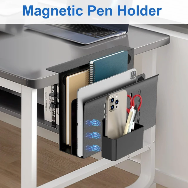 Alt view image 7 of 7 - Desk Side Storage, 2 Tier Steel Hanging Desk Organizer with Magnetic Pen Holder, No Drilling Standing Desk Drawer Cable Management Tray, Under Desk Laptop Holder for Office, School&Home (Black)