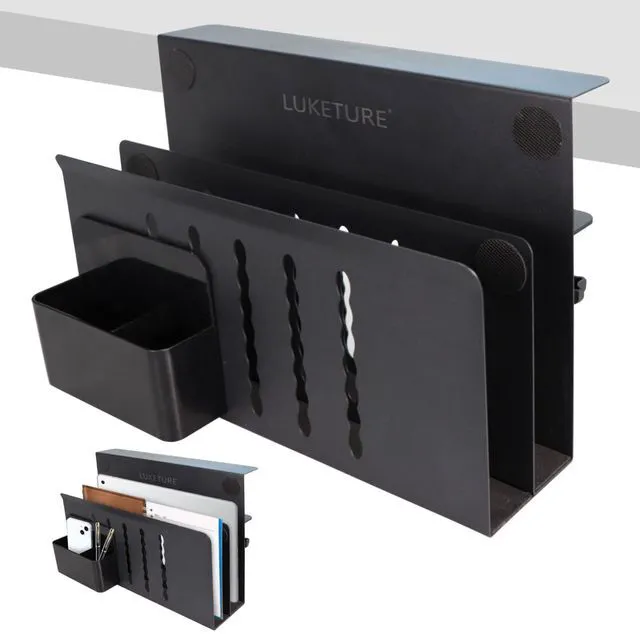 Main image of Desk Side Storage, 2 Tie Laptop Holder No Drill Clamp On Organizer Steel Side Desk Organizer, Clamp on Laptop Mount with Pen Holder, Hanging Storage for Home Office, Fits 0.3" to 2.8"