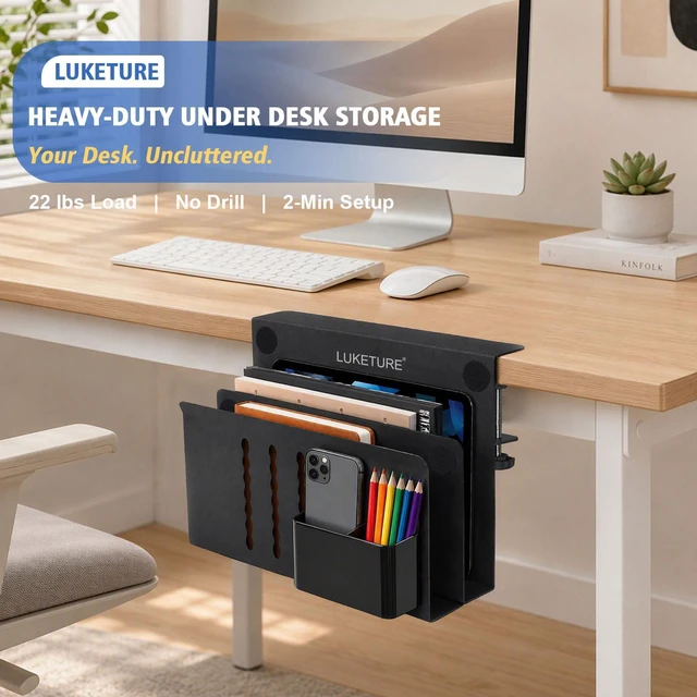 Alt view image 2 of 7 - Desk Side Storage, 2 Tie Laptop Holder No Drill Clamp On Organizer Steel Side Desk Organizer, Clamp on Laptop Mount with Pen Holder, Hanging Storage for Home Office, Fits 0.3" to 2.8"