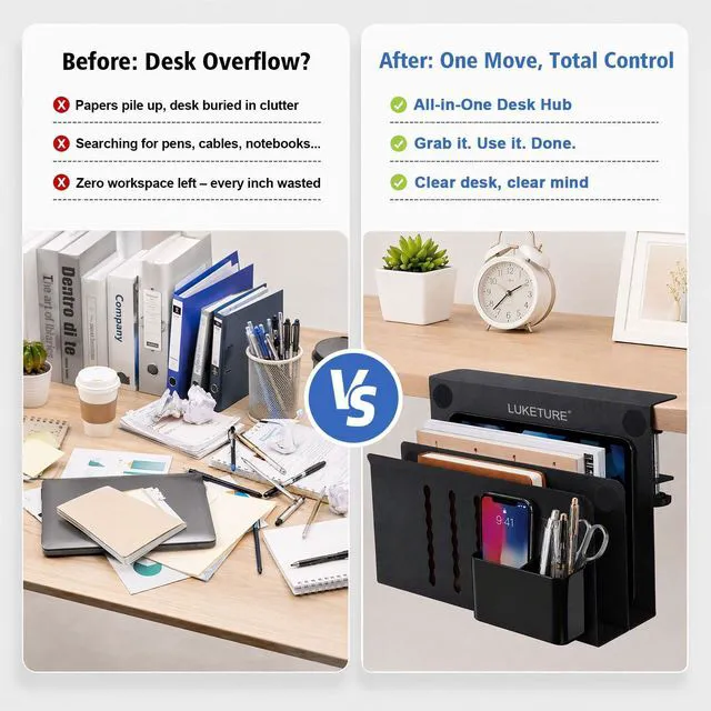 Alt view image 4 of 7 - Desk Side Storage, 2 Tie Laptop Holder No Drill Clamp On Organizer Steel Side Desk Organizer, Clamp on Laptop Mount with Pen Holder, Hanging Storage for Home Office, Fits 0.3" to 2.8"