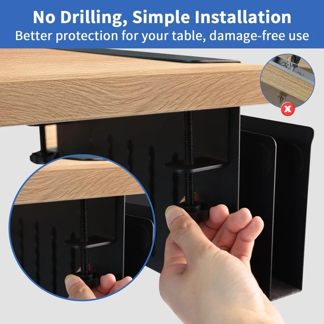 Alt view image 6 of 7 - Desk Side Storage, 2 Tie Laptop Holder No Drill Clamp On Organizer Steel Side Desk Organizer, Clamp on Laptop Mount with Pen Holder, Hanging Storage for Home Office, Fits 0.3" to 2.8"