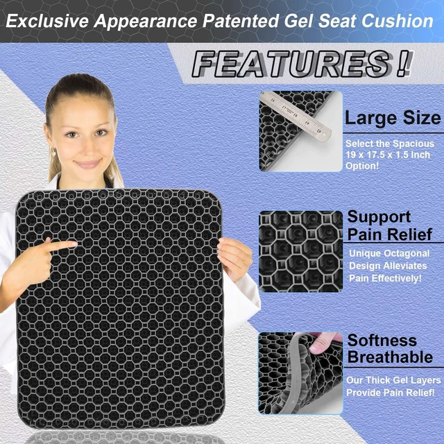 Alt view image 3 of 6 - Seat Cushion, Gel Seat Cushion for Long Sitting Back Pain, Sciatica, Tailbone Pain Relief Pad, 19in Seat Cushion for Office Chair, Wheelchair Cushion, Car Cushion, Long Trips
