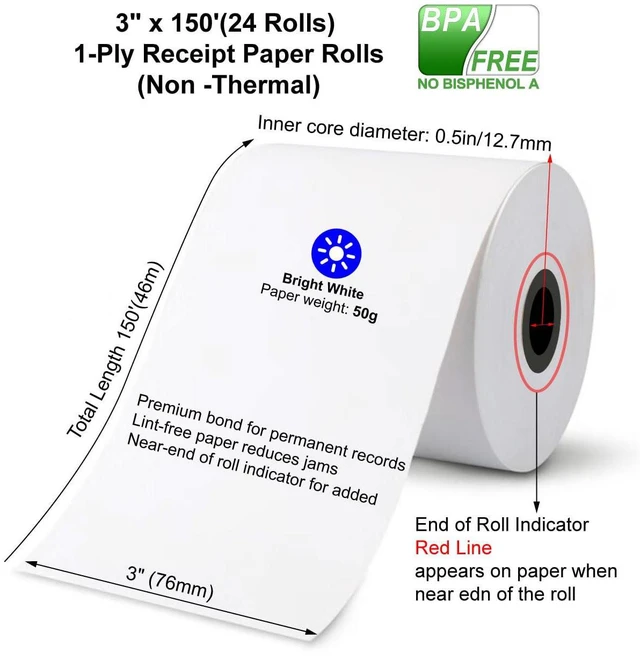 Alt view image 3 of 6 - Star SP700 Kitchen Printer Paper (24 Rolls) 3" x 150' 1 Ply Bond (Non -Thermal) Receipt Paper POS Cash Register Paper for TMU200 SRP275 from
