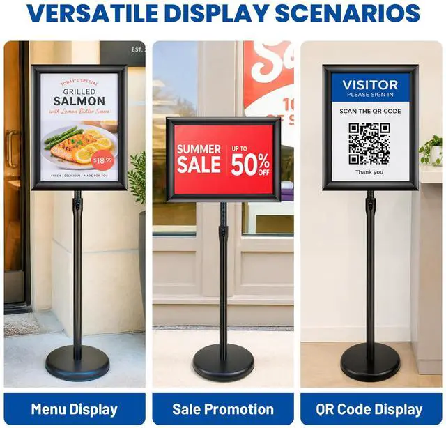 Alt view image 2 of 7 - 3 Pack 11x17 Inch Sign Holder Stand, Adjustable Pedestal Sign Stand, Heavy Duty Floor Standing Sign Holder, Aluminum Snap Open Frame Poster Stand, Vertical & Horizontal Display (Black)