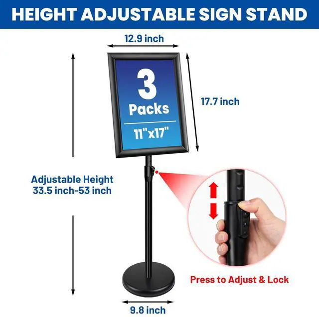 Alt view image 3 of 7 - 3 Pack 11x17 Inch Sign Holder Stand, Adjustable Pedestal Sign Stand, Heavy Duty Floor Standing Sign Holder, Aluminum Snap Open Frame Poster Stand, Vertical & Horizontal Display (Black)
