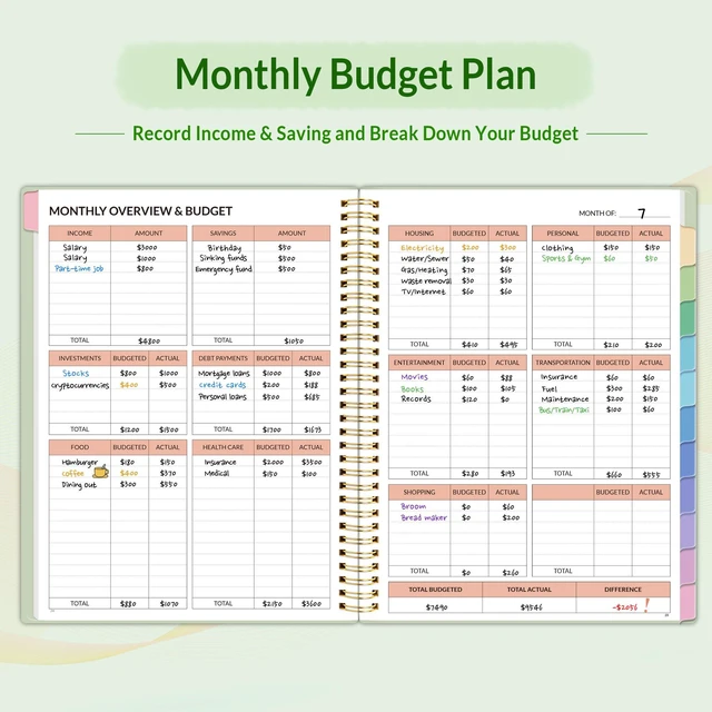 Alt view image 3 of 7 - Budget Planner - Monthly Budget Book with Expense Tracker Notebook, A4(8.5" x 11") Undated 12 Month Bill Organizer & Finance Planner to Manage Your Money, Account Book with Colorful Tab, Green