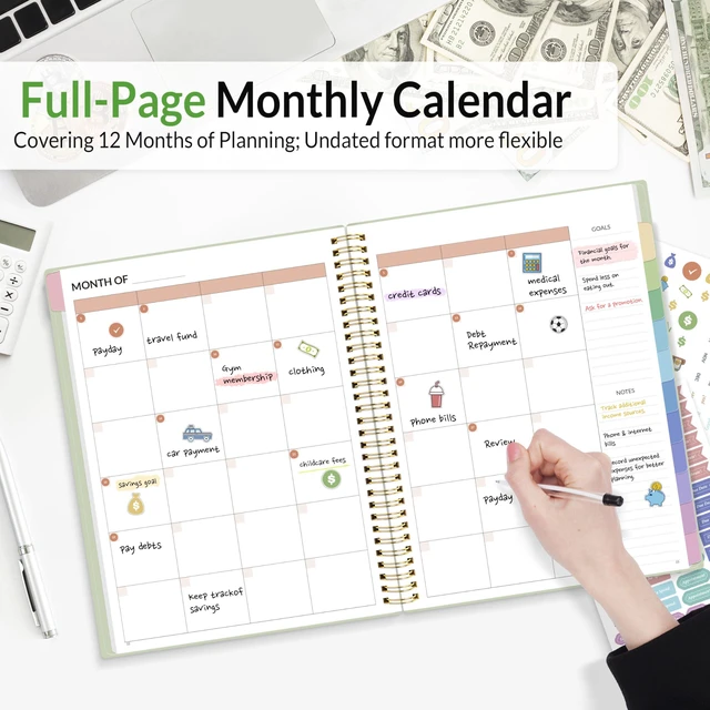 Alt view image 2 of 7 - Budget Planner - Monthly Budget Book with Expense Tracker Notebook, A4(8.5" x 11") Undated 12 Month Bill Organizer & Finance Planner to Manage Your Money, Account Book with Colorful Tab, Green