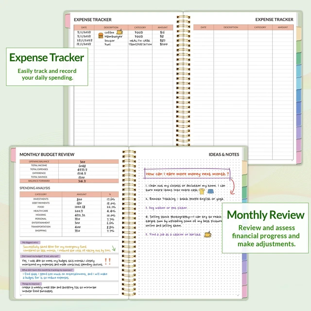 Alt view image 4 of 7 - Budget Planner - Monthly Budget Book with Expense Tracker Notebook, A4(8.5" x 11") Undated 12 Month Bill Organizer & Finance Planner to Manage Your Money, Account Book with Colorful Tab, Green