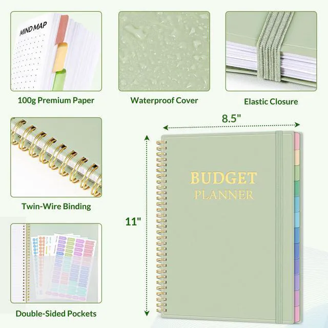 Alt view image 6 of 7 - Budget Planner - Monthly Budget Book with Expense Tracker Notebook, A4(8.5" x 11") Undated 12 Month Bill Organizer & Finance Planner to Manage Your Money, Account Book with Colorful Tab, Green
