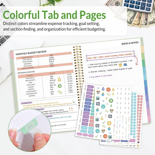 Alt view image 7 of 7 - Budget Planner - Monthly Budget Book with Expense Tracker Notebook, A4(8.5" x 11") Undated 12 Month Bill Organizer & Finance Planner to Manage Your Money, Account Book with Colorful Tab, Green