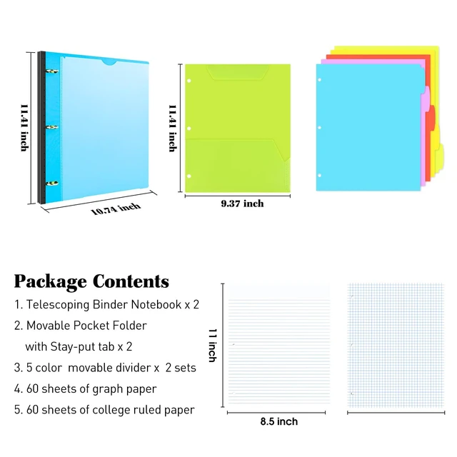 Alt view image 2 of 7 - All-in-one Telescoping Binder Notebook - 2PCS, Refillable 3 Ring Notebook Binder with 1 plastic movable pocket folder,5 plastic subject dividers and graph paper and college ruled paper - Blue