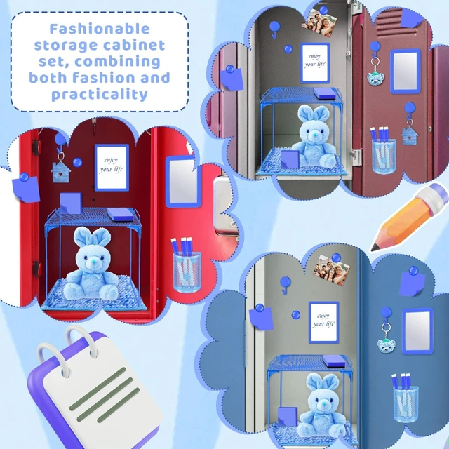 Alt view image 5 of 7 - Locker Accessories with Locker Shelf Locker Mirror Magnetic Pen Holder Sticky Note Whiteboard Mat Blue Locker Organizer for Work Mesh Metal Shelf Accessories Kit for School Office Supplies