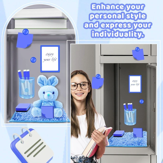 Alt view image 6 of 7 - Locker Accessories with Locker Shelf Locker Mirror Magnetic Pen Holder Sticky Note Whiteboard Mat Blue Locker Organizer for Work Mesh Metal Shelf Accessories Kit for School Office Supplies