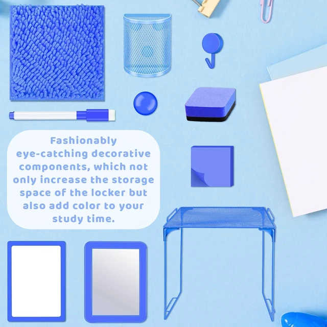 Alt view image 7 of 7 - Locker Accessories with Locker Shelf Locker Mirror Magnetic Pen Holder Sticky Note Whiteboard Mat Blue Locker Organizer for Work Mesh Metal Shelf Accessories Kit for School Office Supplies