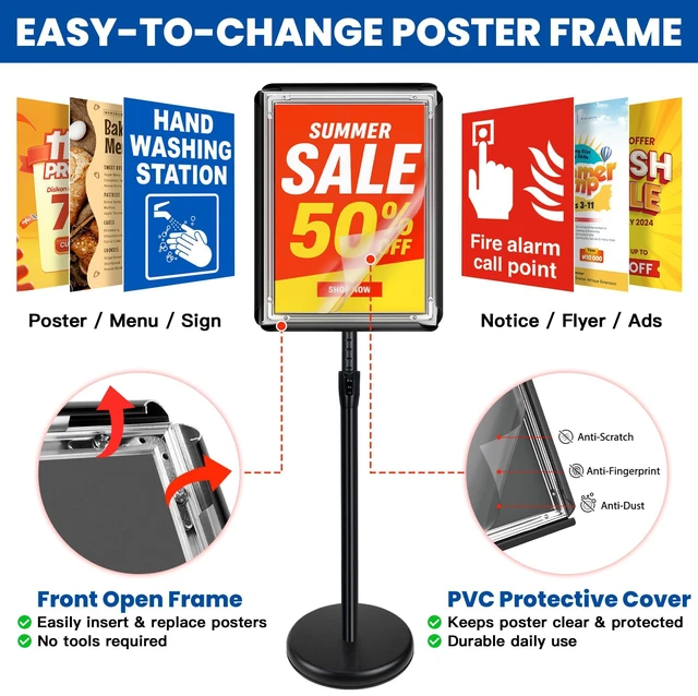 Alt view image 4 of 7 - 3 Pack 11x17 Inch Sign Holder Stand, Adjustable Pedestal Sign Stand, Heavy Duty Floor Standing Sign Holder, Aluminum Snap Open Frame Poster Stand, Vertical & Horizontal Display (Black)