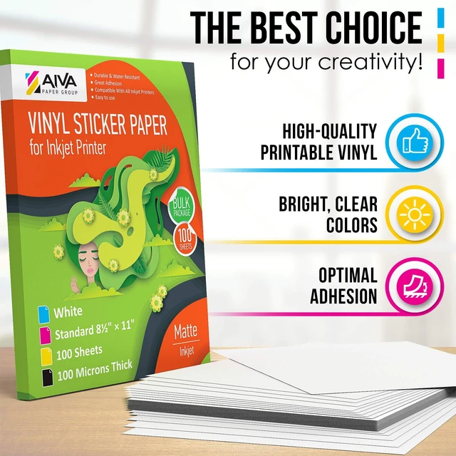 Alt view image 6 of 7 - Printable Vinyl Sticker Paper for Inkjet Printer - Matte White - 100 Self-Adhesive Sheets - Waterproof Decal Paper - Standard Letter Size 8.5"x11"