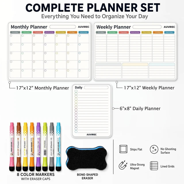 Alt view image 2 of 7 - Magnetic Calendar for Refrigerator, Fridge Calendar 3-Pack Monthly Weekly Daily Dry Erase Calendar Planner Set with Nano-Tech Surface, 17"x12" Magnetic Whiteboard, 8 Markers & Eraser