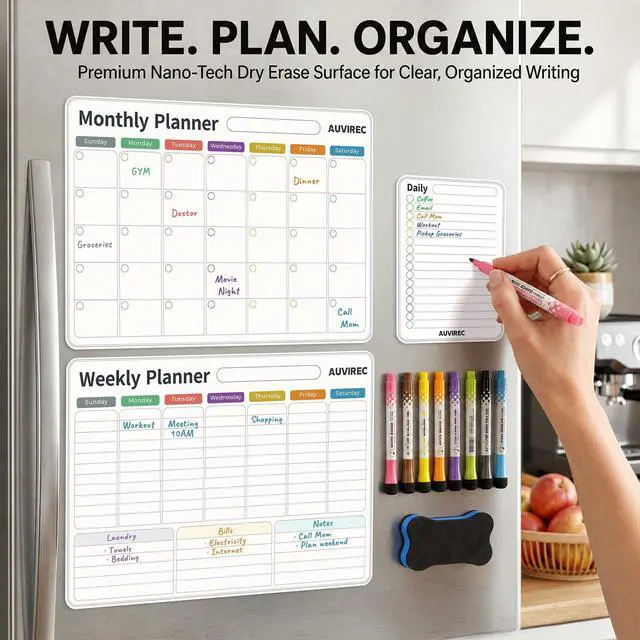 Alt view image 6 of 7 - Magnetic Calendar for Refrigerator, Fridge Calendar 3-Pack Monthly Weekly Daily Dry Erase Calendar Planner Set with Nano-Tech Surface, 17"x12" Magnetic Whiteboard, 8 Markers & Eraser