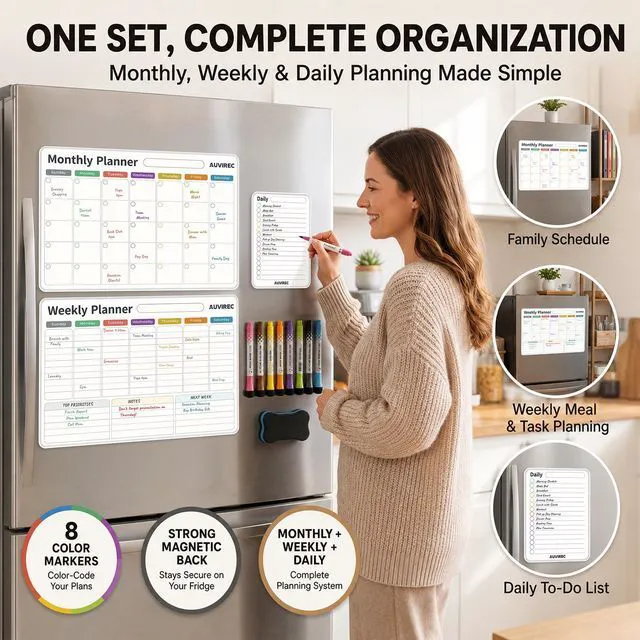 Alt view image 7 of 7 - Magnetic Calendar for Refrigerator, Fridge Calendar 3-Pack Monthly Weekly Daily Dry Erase Calendar Planner Set with Nano-Tech Surface, 17"x12" Magnetic Whiteboard, 8 Markers & Eraser