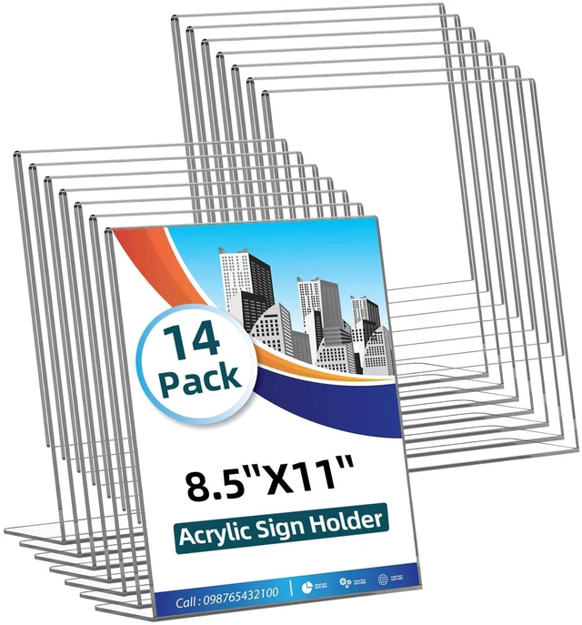 Main image of 14 Pack Acrylic Sign Holder 8.5x11 Inches, Clear Tabletop Plastic Paper Display Stand, L-Shape Vertical Menu Holder Stand, Photo Picture Frame Flyer Display Stand for Restaurants, Store,Office Desktop