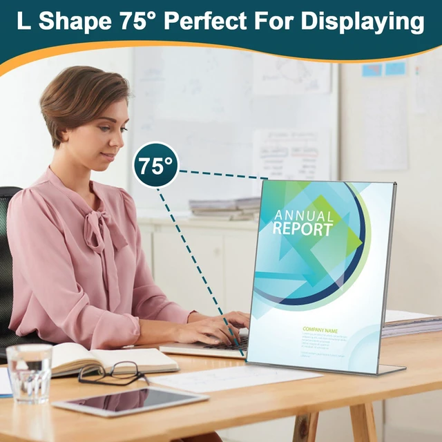 Alt view image 4 of 7 - 14 Pack Acrylic Sign Holder 8.5x11 Inches, Clear Tabletop Plastic Paper Display Stand, L-Shape Vertical Menu Holder Stand, Photo Picture Frame Flyer Display Stand for Restaurants, Store,Office Desktop
