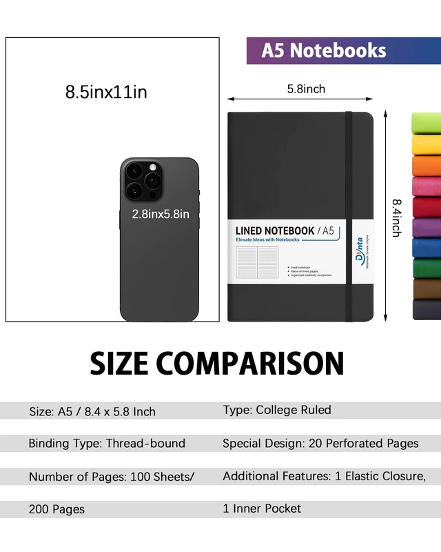 Alt view image 2 of 7 - Hardcover Journal Notebooks A5 Lined 10 Journals Bulk for Writing 200Pages/100Sheets, 8.4 X 5.8 Inch, 10 Colors Classic Ruled Notebook for Work/Travel/College/Note Taking