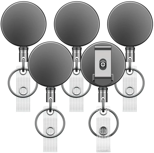 Main image of 5 Pack Metal Retractable Keychain Heavy Duty Retractable Badge Reel for Badge Holder All Metal Casing with Stainless Steel Spring Coil 27.5 Inch Nylon Rope Belt Clip and Key Ring