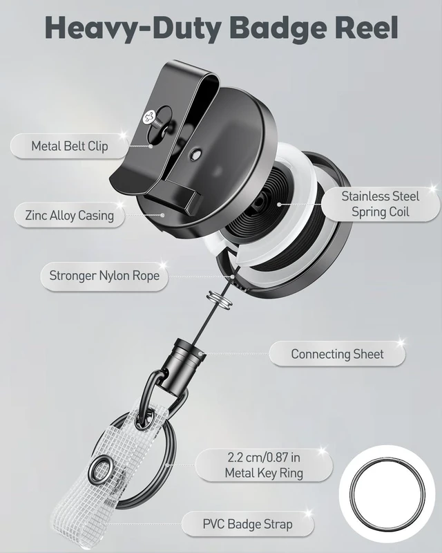 Alt view image 5 of 7 - 5 Pack Metal Retractable Keychain Heavy Duty Retractable Badge Reel for Badge Holder All Metal Casing with Stainless Steel Spring Coil 27.5 Inch Nylon Rope Belt Clip and Key Ring