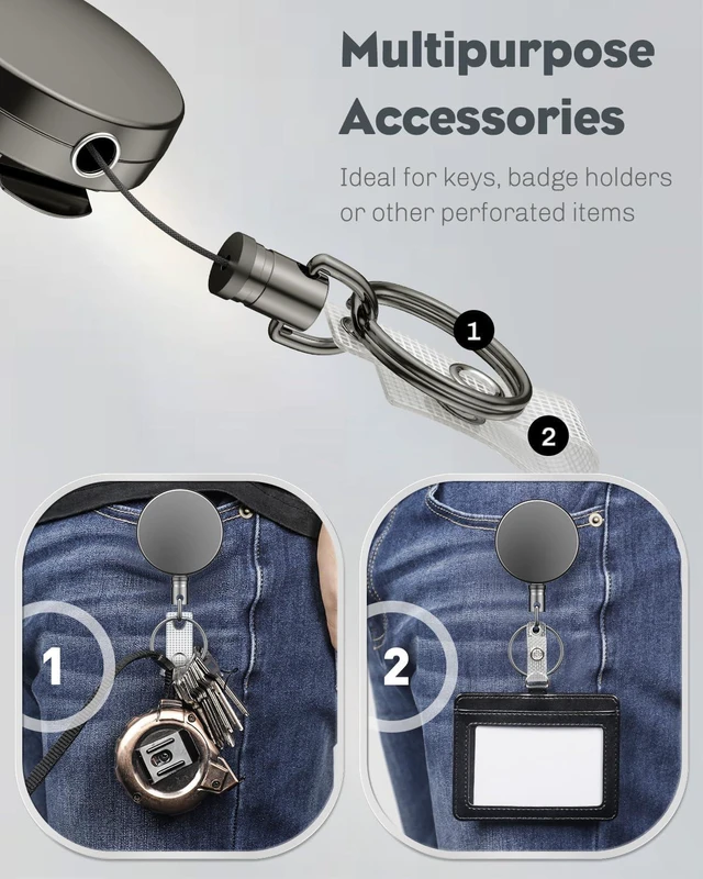 Alt view image 7 of 7 - 5 Pack Metal Retractable Keychain Heavy Duty Retractable Badge Reel for Badge Holder All Metal Casing with Stainless Steel Spring Coil 27.5 Inch Nylon Rope Belt Clip and Key Ring