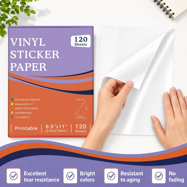 Alt view image 2 of 7 - 120-Sheet Glossy White Printable Vinyl Sticker Paper, 8.5x11, Inkjet Glossy White Waterproof, Dries Quickly, Vivid Colors, Tear-Resistant Vinyl, Works With Cutting Machines