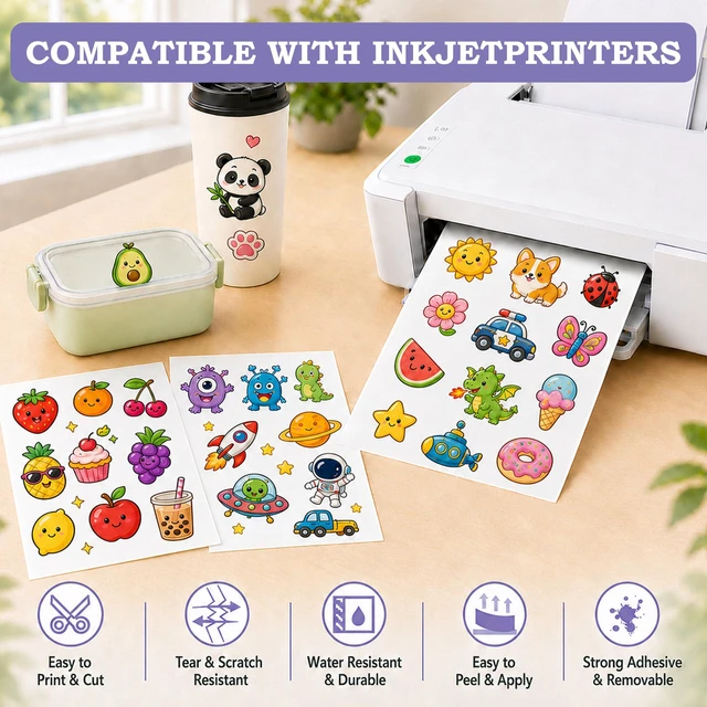 Alt view image 4 of 7 - 120-Sheet Glossy White Printable Vinyl Sticker Paper, 8.5x11, Inkjet Glossy White Waterproof, Dries Quickly, Vivid Colors, Tear-Resistant Vinyl, Works With Cutting Machines