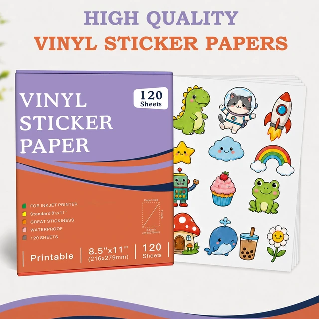Alt view image 3 of 7 - 120-Sheet Glossy White Printable Vinyl Sticker Paper, 8.5x11, Inkjet Glossy White Waterproof, Dries Quickly, Vivid Colors, Tear-Resistant Vinyl, Works With Cutting Machines