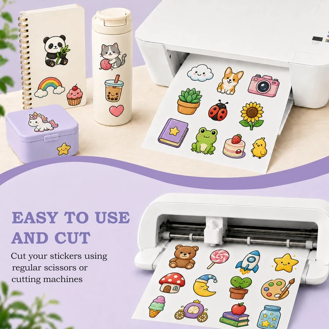 Alt view image 5 of 7 - 120-Sheet Glossy White Printable Vinyl Sticker Paper, 8.5x11, Inkjet Glossy White Waterproof, Dries Quickly, Vivid Colors, Tear-Resistant Vinyl, Works With Cutting Machines
