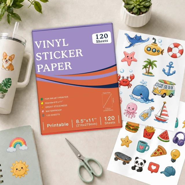Alt view image 6 of 7 - 120-Sheet Glossy White Printable Vinyl Sticker Paper, 8.5x11, Inkjet Glossy White Waterproof, Dries Quickly, Vivid Colors, Tear-Resistant Vinyl, Works With Cutting Machines