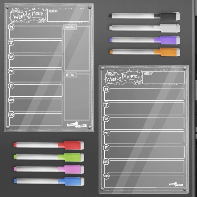 Main image of Acrylic Magnetic Planner & Menu Board Set - Clear - 2 Pack Includes Weekly Meal Planner & Menu Board for Fridge - Includes 8 Magnetic Markers - Clear 14.5" x 10.2" Boards