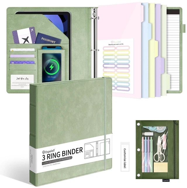 Main image of Leather 3 Ring Binder for Letter Size Documents with Pocketed Dividers, 1 Inch Round Rings, Holds 175 Sheets, Binders with Storage Bag & Notepad, for Office School Home Organization, Green