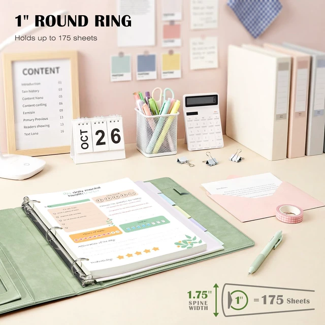Alt view image 2 of 7 - Leather 3 Ring Binder for Letter Size Documents with Pocketed Dividers, 1 Inch Round Rings, Holds 175 Sheets, Binders with Storage Bag & Notepad, for Office School Home Organization, Green