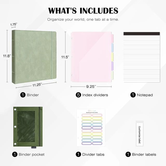 Alt view image 3 of 7 - Leather 3 Ring Binder for Letter Size Documents with Pocketed Dividers, 1 Inch Round Rings, Holds 175 Sheets, Binders with Storage Bag & Notepad, for Office School Home Organization, Green