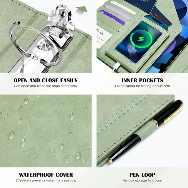 Alt view image 5 of 7 - Leather 3 Ring Binder for Letter Size Documents with Pocketed Dividers, 1 Inch Round Rings, Holds 175 Sheets, Binders with Storage Bag & Notepad, for Office School Home Organization, Green
