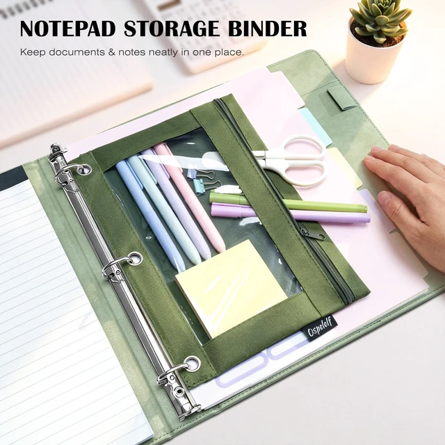 Alt view image 4 of 7 - Leather 3 Ring Binder for Letter Size Documents with Pocketed Dividers, 1 Inch Round Rings, Holds 175 Sheets, Binders with Storage Bag & Notepad, for Office School Home Organization, Green
