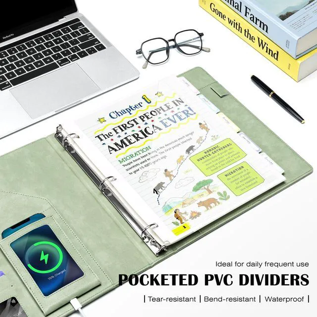 Alt view image 6 of 7 - Leather 3 Ring Binder for Letter Size Documents with Pocketed Dividers, 1 Inch Round Rings, Holds 175 Sheets, Binders with Storage Bag & Notepad, for Office School Home Organization, Green