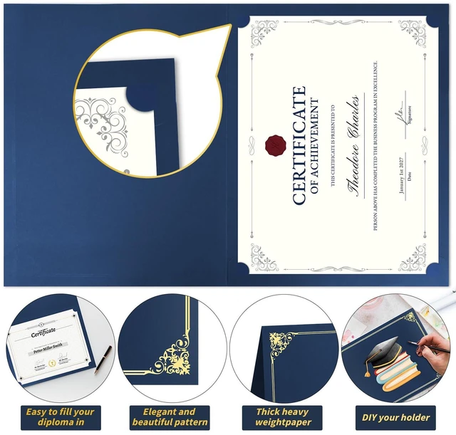 Alt view image 4 of 7 - 200 Pack Navy Blue Certificate Holders 8.5x11 Diploma Covers Folders Premium Gold Border, Certificate Document Covers, Award Holders for Graduation, Letter Size 8.5x11, Schools & Ceremonies