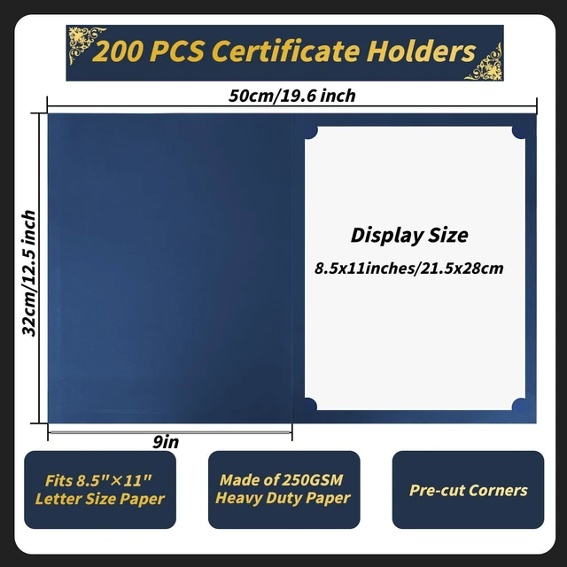 Alt view image 2 of 7 - 200 Pack Navy Blue Certificate Holders 8.5x11 Diploma Covers Folders Premium Gold Border, Certificate Document Covers, Award Holders for Graduation, Letter Size 8.5x11, Schools & Ceremonies