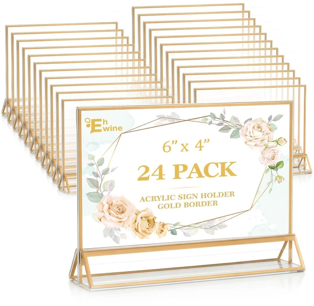 Main image of 24 Pack Acrylic Sign Holder 4 x 6 Horizontal, Double-Sided Stand up Table Top Sign Holders, Gold Acrylic Picture Frame Menu Flyer Paper Holder Display Stand for Office Business Store Wedding Party