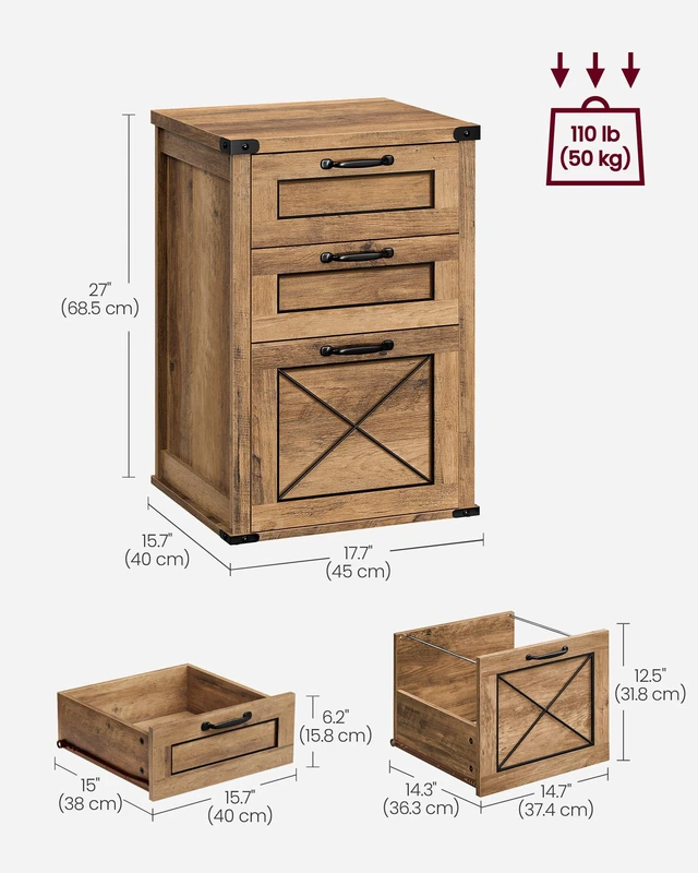 Alt view image 3 of 7 - File Cabinet with 3 Drawers, Printer Stand, Fit A4 Letter Size Hanging File Folders, Farmhouse Style, for Home Office, Honey Brown, HANAN Collection UOFC054T41