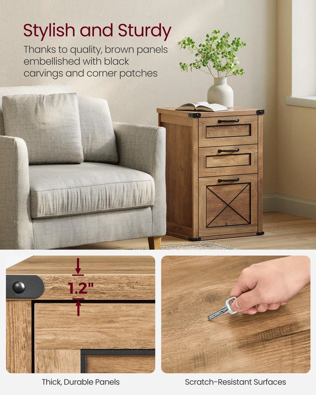 Alt view image 6 of 7 - File Cabinet with 3 Drawers, Printer Stand, Fit A4 Letter Size Hanging File Folders, Farmhouse Style, for Home Office, Honey Brown, HANAN Collection UOFC054T41
