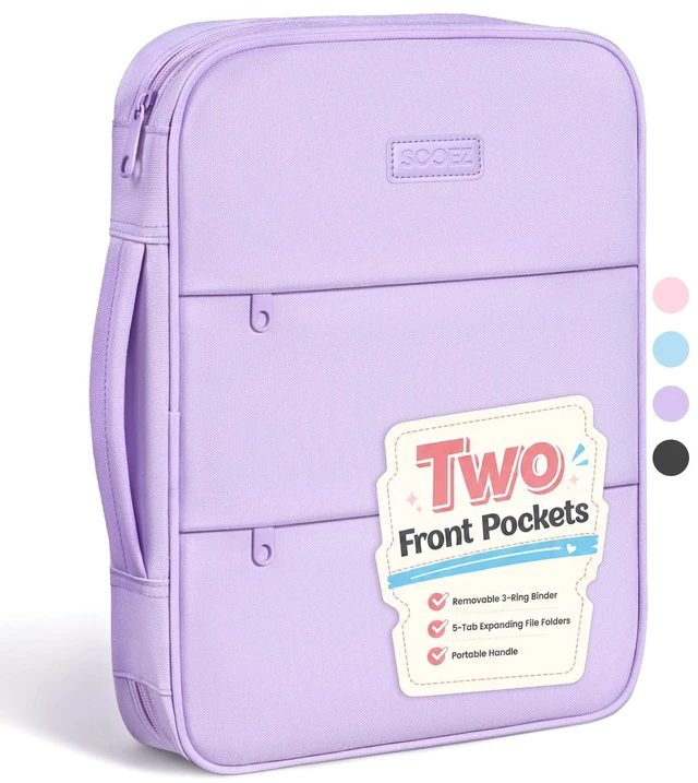 Main image of Cute Zipper Binder Bag, 1 Inch Binders 3 Ring O-Ring with Handle 5-Tab Divider Accordion File Organizer, 500-Sheet Capacity Three Ring Binder, Multi-Pocket Organizer for School, Purple