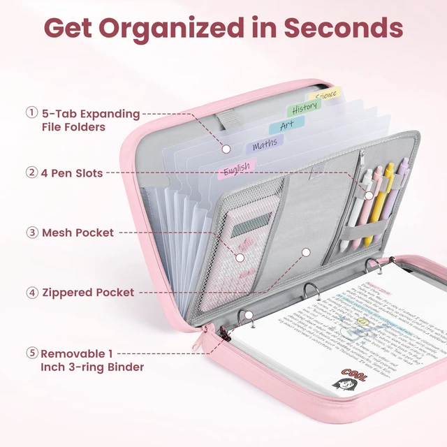 Alt view image 2 of 7 - Cute Zipper Binder Bag, 1 Inch Binders 3 Ring O-Ring with Handle 5-Tab Divider Accordion File Organizer, 500-Sheet Capacity Three Ring Binder, Multi-Pocket Organizer for School, Purple