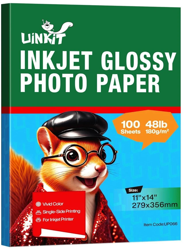 Main image of 180gsm Glossy Photo Paper 11x14 Inches - 100 Sheets for Dye Ink | Quick Dry, No Smudging | Single-Sided Pro Finish, Thick 48lb No Curling